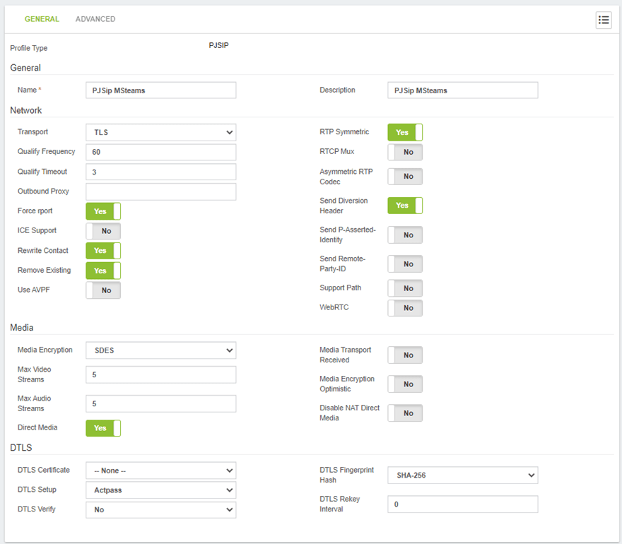 VitalPBX Microsoft Teams Device Profile PJSip