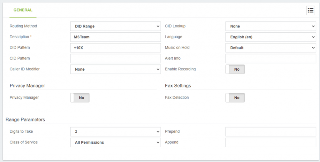 VitalPBX Microsoft Teams Inbound Route