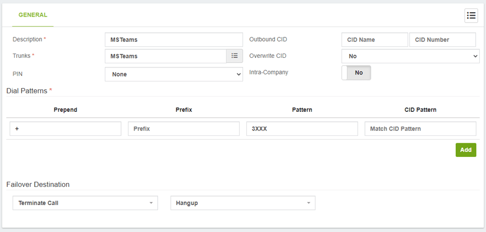 VitalPBX Microsoft Teams Outbound Route