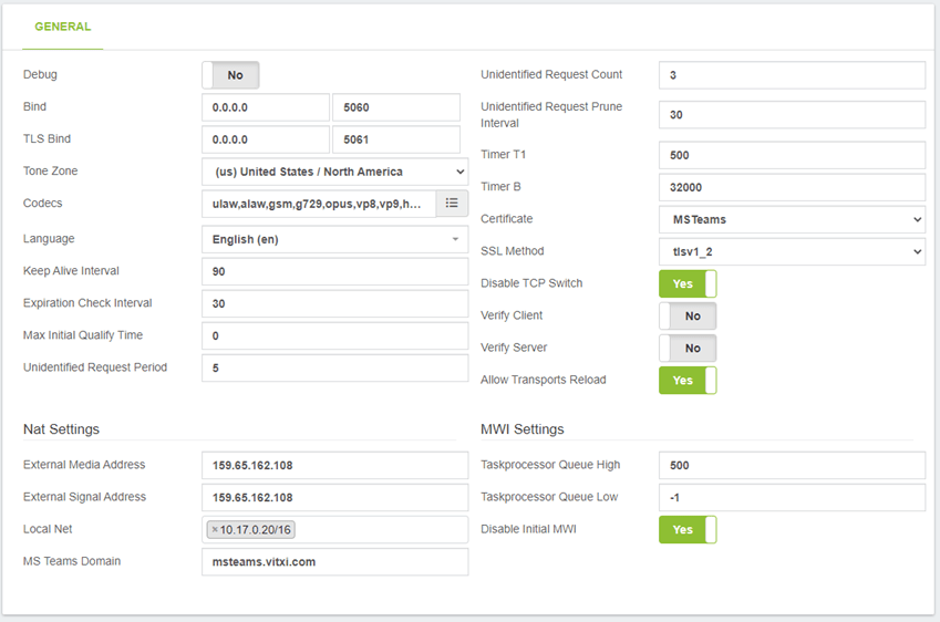 VitalPBX Microsoft Teams PJSip Settings