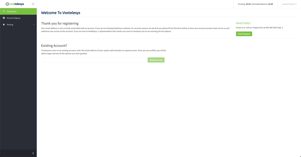 Voxtelesys dashboard before account setup.