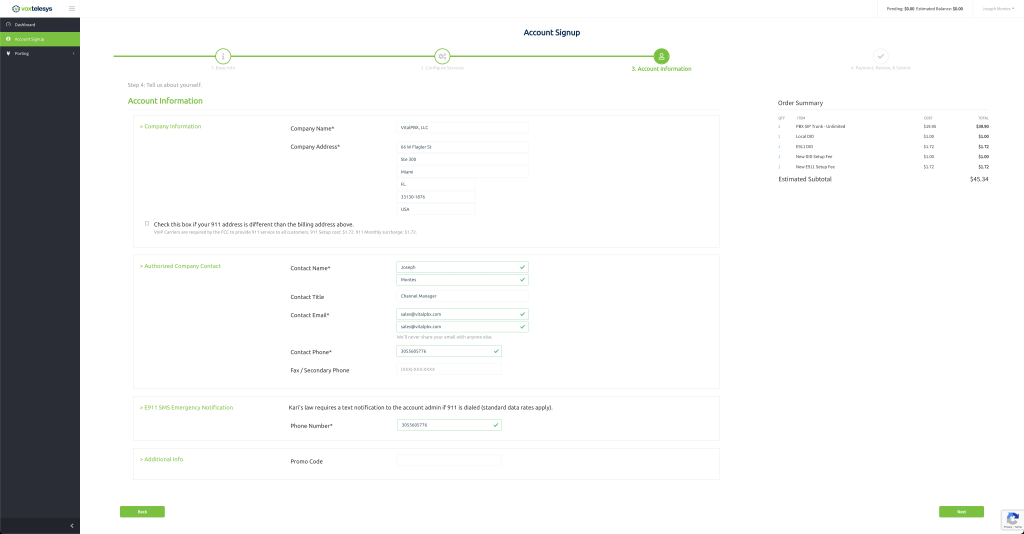 Voxtelesys Account information page.