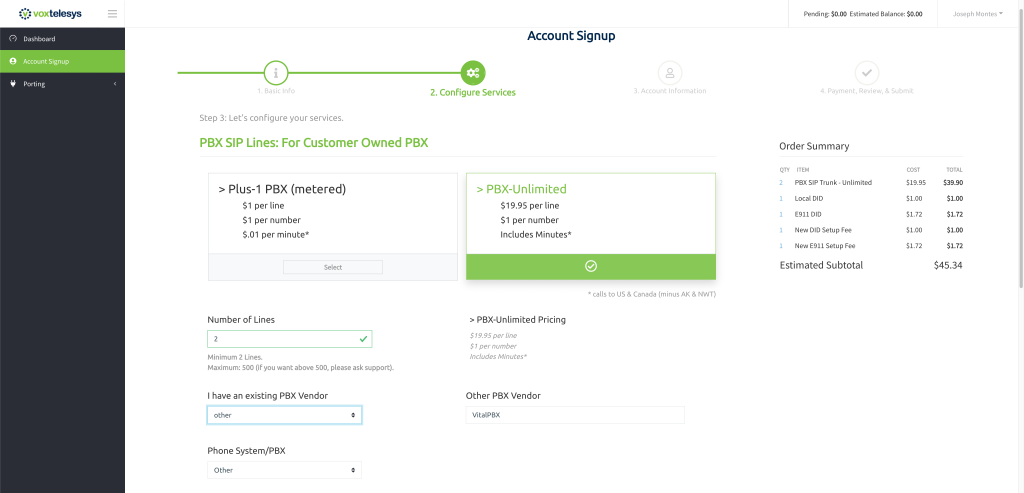 Voxtelesys Configure Services screen part 1.