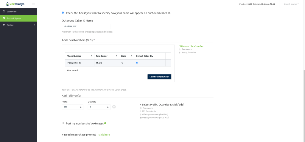 Voxtelesys Configure Services screen part 2.