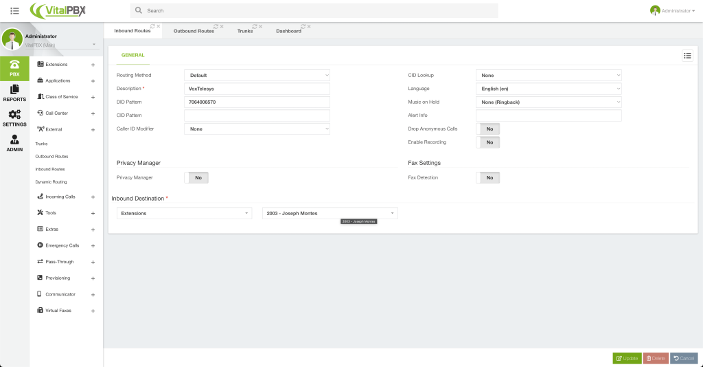 VitalPBX Inbound Route Configuration.