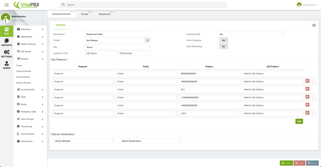 VitalPBX Outbound Route configurations.