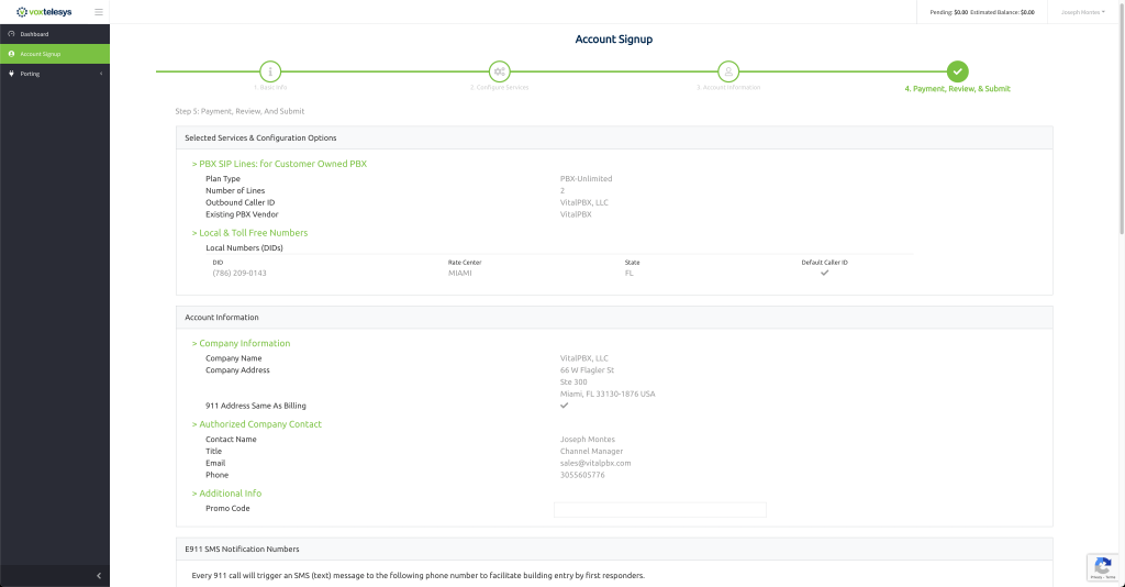 Voxtelesys Payment and Review section.