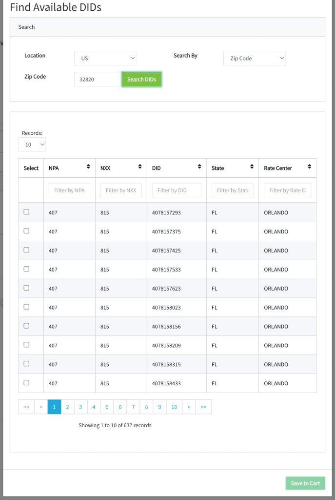 Voxtelesys select your phone number by ZIP code.