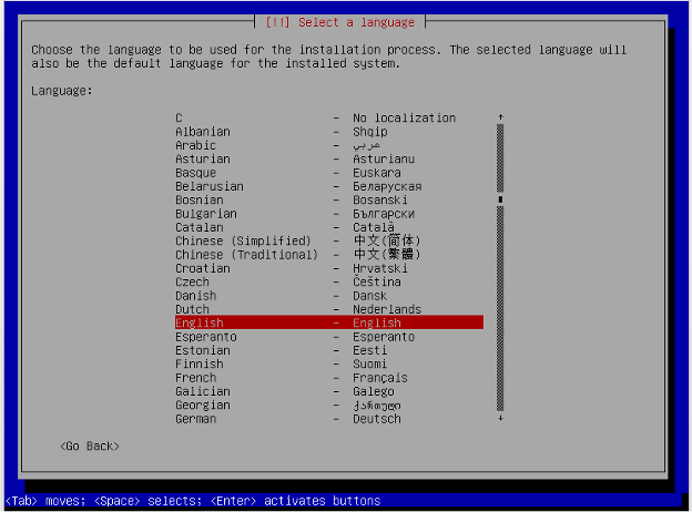 Debian Installation Language Selection.