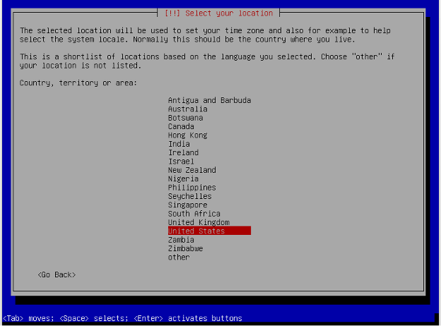 Debian installation, country selection.