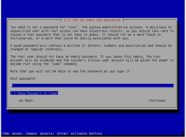 Debian installation root password entry.
