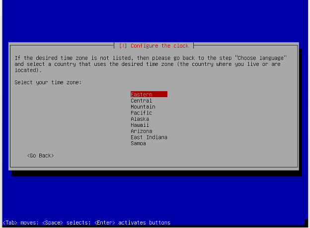 Debian installation Time Zone selection.