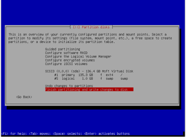 Debian installation, finish partitioning.