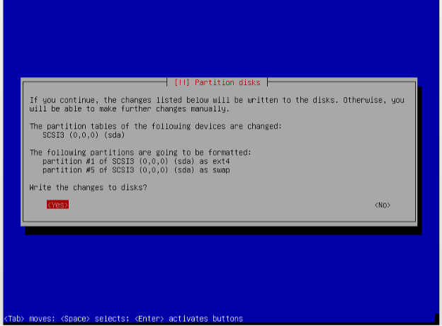 Debian installation, write changes and install.