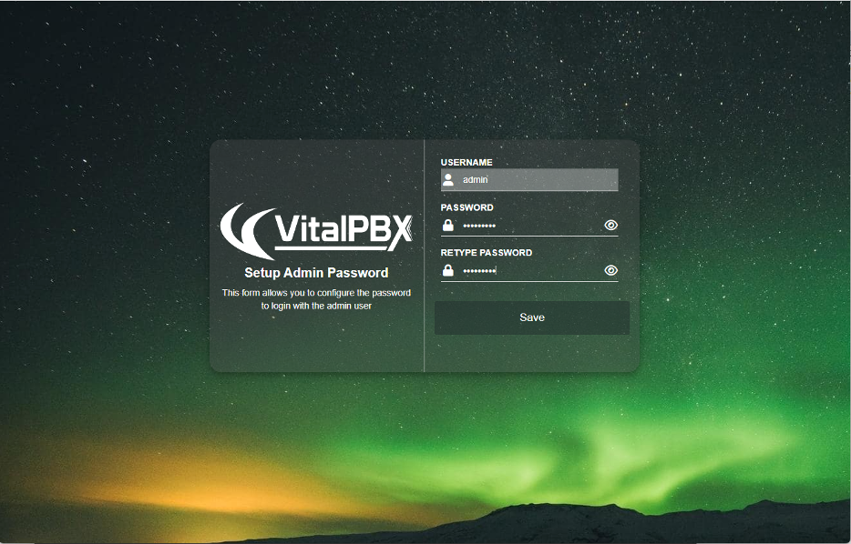 VitalPBX 4 Admin login for the first time.