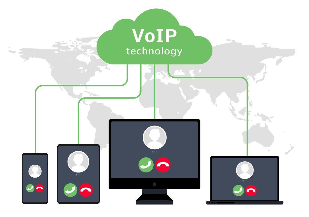 VoIP voice over IP illustration smartphone laptop network. Voip call flat concept design.