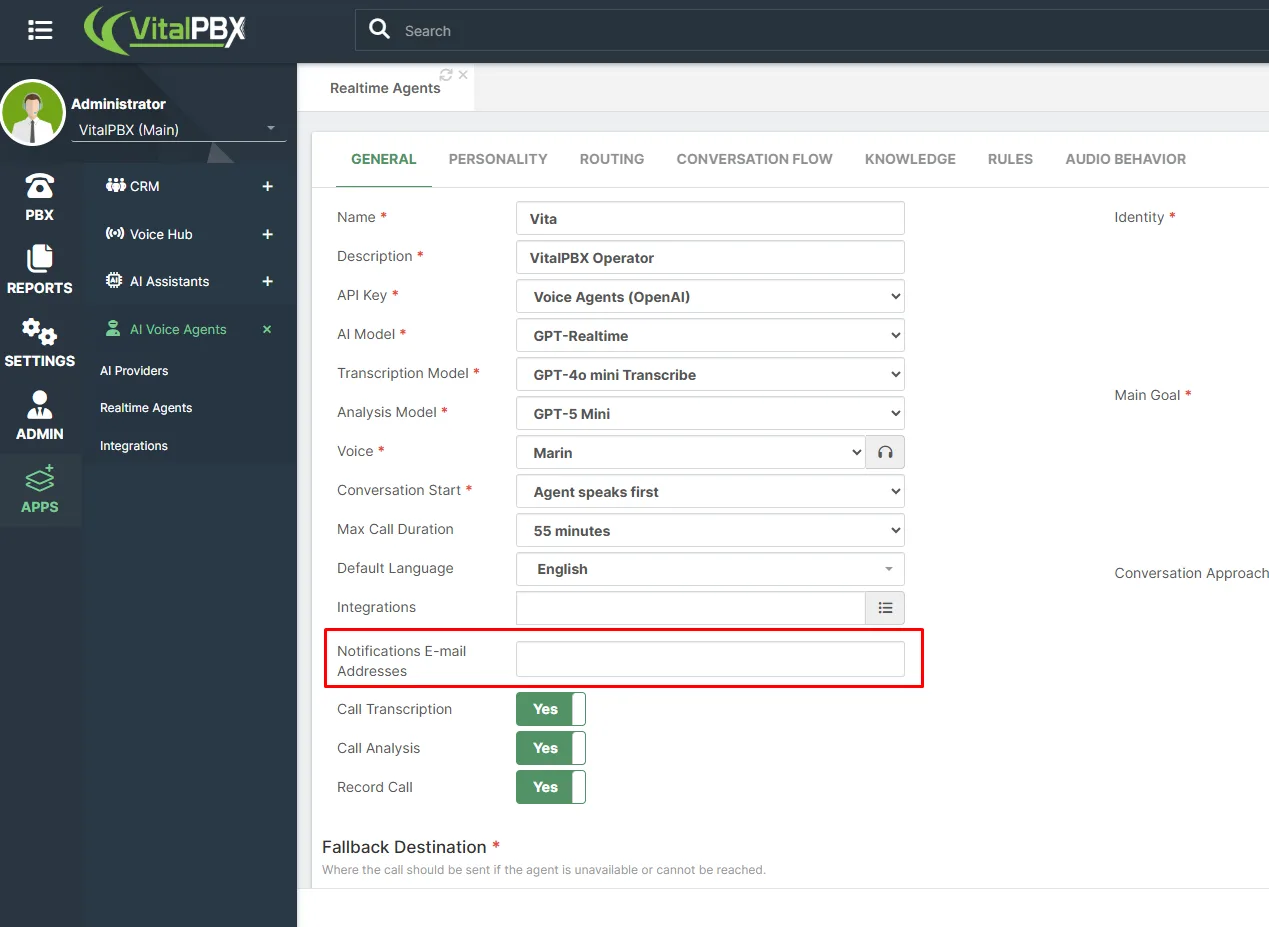 VitalPBX 4.5.4 R1 Release Notes: Asterisk 20.21.0, Protected Recordings & Smarter AI Agents 2 vitalpbx ai voice agent notifications email field